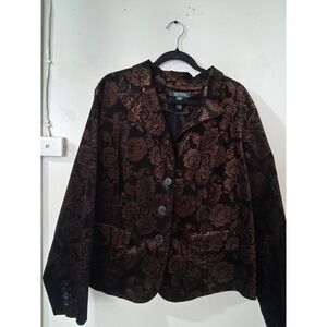 Lauren Ralph Lauren Black Bronze Paisley Velvet Blazer Jacket 18W Metallic